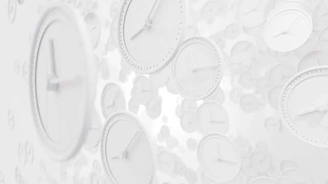 White Clock time is very fast on many white clock. Minimal idea concept. Animation Seamless loop.