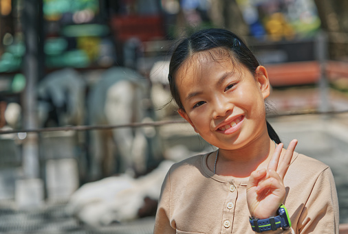 Portrait Asian child girl in a zoo with blurred background of animals, a healthy daughter showing two fingers, outdoor image with sunlight. Space for copy and design.