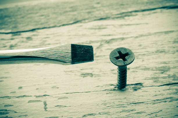Wrong tool for this job. Screw and screwdriver on old wooden background. Recruitment, HR human resources management in business company, put the right man on the right job concept.