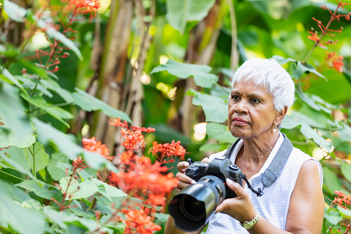 A senior African-American woman, in her 70s, pursuing her photography hobby in retirement. She is at the park with her camera, photographing nature, surrounded by lush foliage.