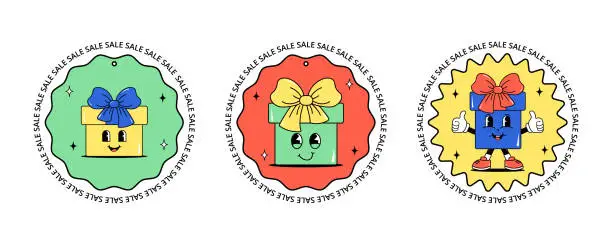 Vector illustration of Black friday, cyber monday and sale. Cute character gift box with a face. Set of design for sticker, coupon and label for kids clothes, shoes, toys and stationery. White background. Groovy style. Vector illustration