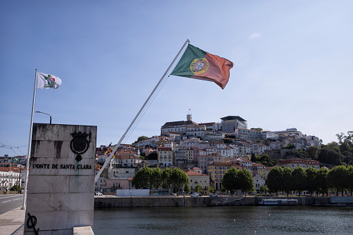 View of Coimbra from the Mondego River on Santa Clara bridge,  Portugal