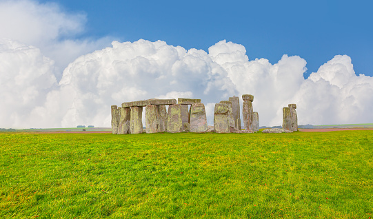 Panoramic view of Stonehenge at cloudy sky - United Kingdom