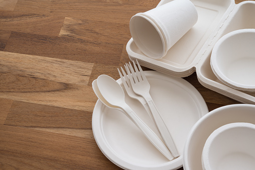Natural eco-friendly disposable utensils (fork, spoon, dish plate, bowl, cup and fast food box container) made of fiber of bagasse and bamboo on wooden table background with copy space. Save the earth and waste reduction concept.