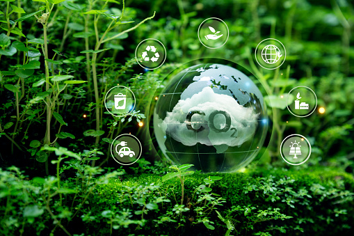 Crystal globe putting on moss with CO2 white fog, Global warming from climate change, Sustainable development and green business from renewable energy.