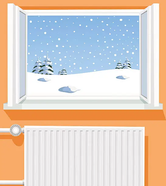 Vector illustration of Winter scene through opened window, illustration