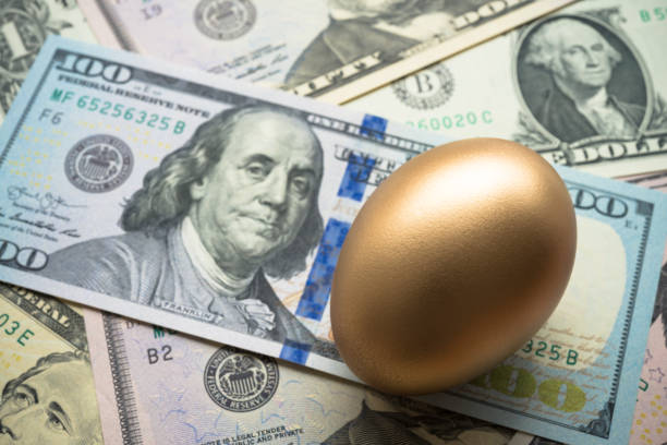 istock Bright golden egg on US dollar bill cash banknotes background. 1617927805
