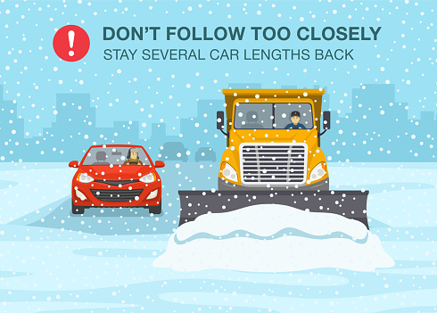 Safety winter driving rule. Snow plow truck is clearing snow away on winter highway. Don't follow too closely warning poster design. Flat vector illustration template.