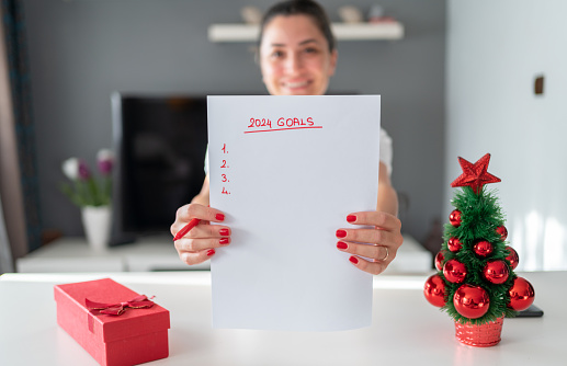 Woman Holding Paper Which İs Written 2024 New Year Goals İn Front Of The Camera