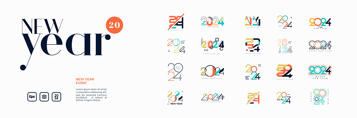 Unique happy new year 2024 design with colorful numbers. Premium design illustration set of happy new year 2024.
