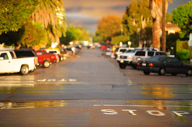 Stop word painted on street, San Diego sunset, rain