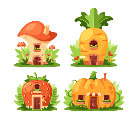 Mushroom, Carrot, Strawberry and Pumpkin Enchanting Fairytale Houses Are Whimsically Designed With Colorful Facades, Roofs, And Doors, Magical And Otherworldly Dwellings. Cartoon Vector Illustration