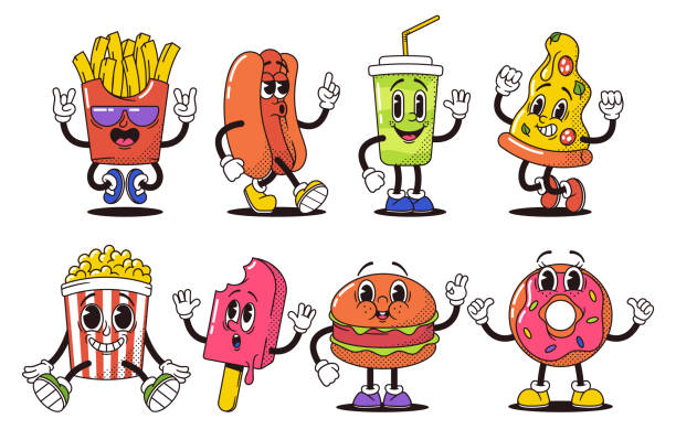 ilustrații de stoc cu personajele fast-food din desene animate retro întruchipează vibrații vibrante și funky. cartofi prăjiți, hot dog, cola și pizza. pop corn - personaj