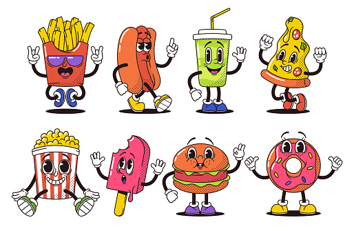 Retro Cartoon Fast Food Characters Embody Vibrant and Funky Vibes. French Fries, Hot Dog, Cola and Pizza. Pop Corn, Ice Cream and Burger with Donut Groovy Colorful Personages. Vector Illustration