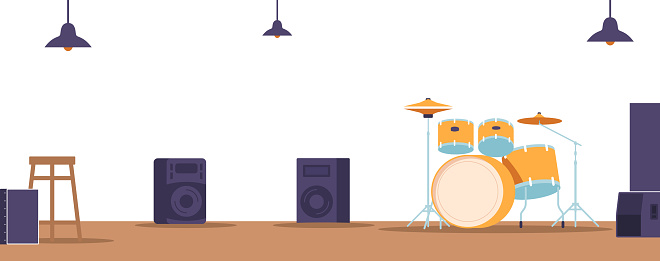 Empty Stage With Drum Kit, Stool and Dynamics Poised For A Mesmerizing Performance. Anticipation Fills The Air, Awaiting The Rhythmic Beats And Electrifying Melodies To Come Alive. Vector Illustration