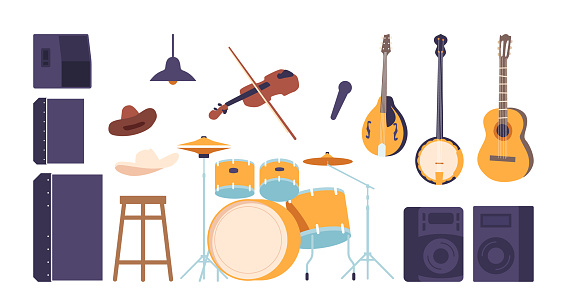 Country Music Icons Set Features Cowboy Hats, Guitars, And Banjo, Violin, Drum Kit, Stool and Dynamics, For Creating A Rustic And Nostalgic Atmosphere In Design Projects. Cartoon Vector Illustration