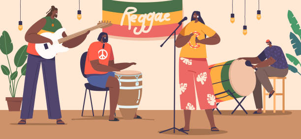 ilustraciones, imágenes clip art, dibujos animados e iconos de stock de los músicos de reggae en el escenario exudan una energía vibrante con sus movimientos rítmicos y voces conmovedoras, ilustración vectorial - african descent drum african culture day