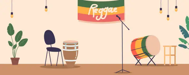 Vector illustration of Vibrant Stage Adorned With Reggae Instruments And Gear, Including Microphone, Drums, Chairs with Rasta Flag