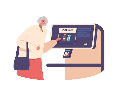 Elderly Woman Purchases Medicine At Pharmacy Using Terminal. Female Character Displaying Self-reliance And Adapting To Modern Technology For Her Healthcare Needs. Cartoon People Vector Illustration