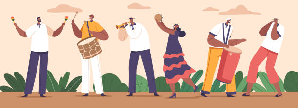 Latino Musician Characters Create Vibrant Rhythms And Melodies Rooted In Latin American Culture, Blending Salsa Latino Musician Characters Create Vibrant Rhythms And Melodies Rooted In Latin American Culture, Blending Salsa, Reggaeton And Mariachi Genres To Captivate Audience. Cartoon People Vector Illustration rattle drum stock illustrations