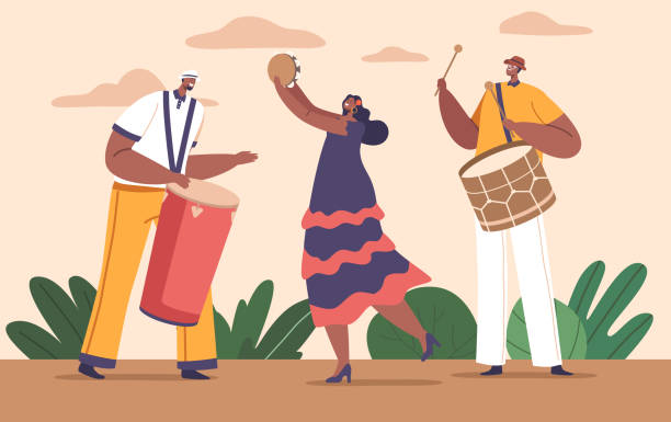 Latino Musicians Male and Female Characters Playing Drums and Tambourine, Infuse Vibrant Rhythms And Melodies Latino Musicians Male and Female Characters Playing Drums and Tambourine, Infuse Vibrant Rhythms And Melodies Creating Unforgettable Musical Experience. Cartoon People Vector Illustration reggaeton dance stock illustrations