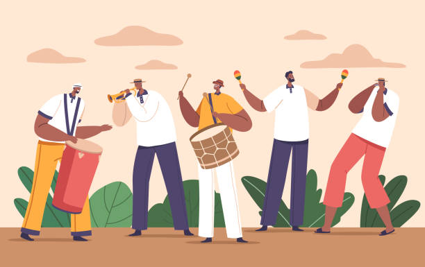 Latino Musicians Band Showcase Diverse Talents And Genres. Male Artist Characters Blending Rich Cultural Influences Latino Musicians Band Showcase Diverse Talents And Genres. Male Artist Characters Blending Rich Cultural Influences To Create Vibrant Music, Rhythms And Melodies. Cartoon People Vector Illustration reggaeton dance stock illustrations