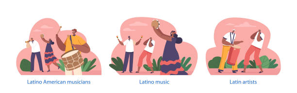 Isolated Elements with Latino American Musician Characters Create Vibrant Rhythms And Melodies, Vector Illustration Isolated Elements with Latino American Musician Characters Create Vibrant Rhythms And Melodies, Blending Salsa, Reggaeton, And Mariachi Genres To Captivate Audience. Cartoon People Vector Illustration reggaeton dance stock illustrations