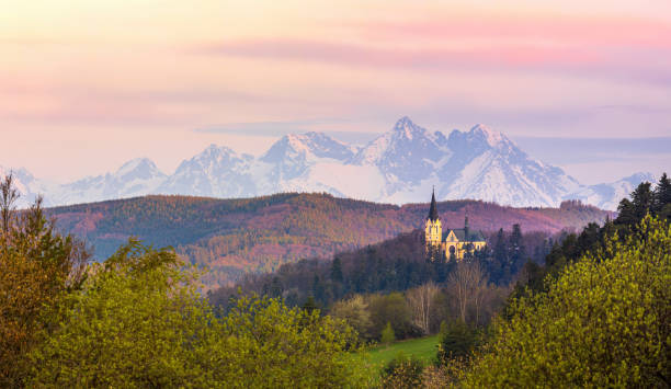 Marianska Hora and High Tatras on Background View to the Basilica of the Virgin Mary, Levoca and High Tatras on background high tatras stock pictures, royalty-free photos & images
