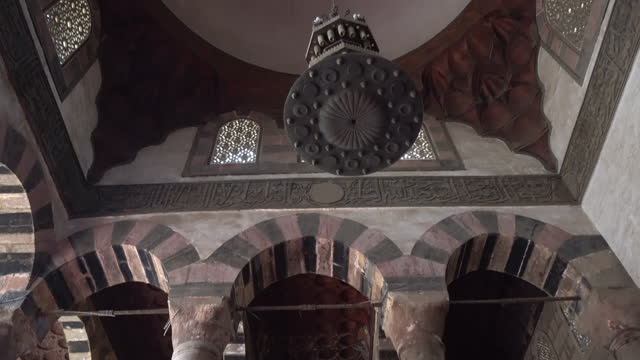 The Great Mosque of Muhammad Ali Pasha or Alabaster Mosque in Cairo Egypt interior design detail of arch lamp and ceiling 4k