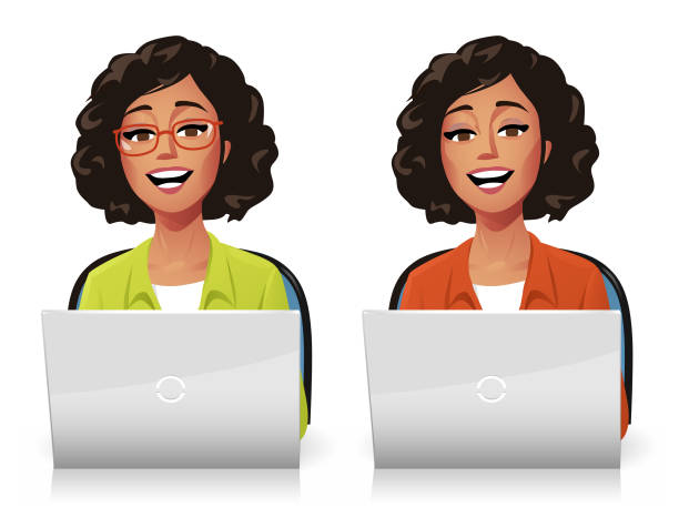 portret młodej kobiety korzystającej z laptopa - looking at camera smiling african ethnicity white background stock illustrations