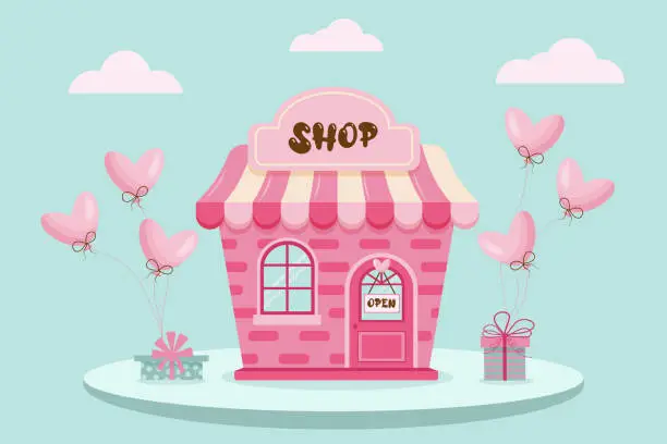 Vector illustration of Pink kiosk shop. Doll house. Glamour trade tent with present boxes and heart shaped balloons.