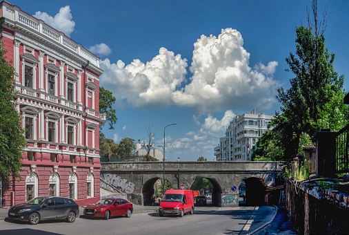 Odessa, Ukraine 25.07.2023. Historic buildings on the Sabaneev Bridge in Odessa, Ukraine, on a sunny summer day