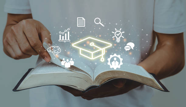 istock Education concept.Male student opening book with icon.Education internet Technology.knowledge,wisdom,graduate. 1618047777
