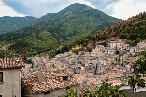 The old village of Morano Calabro, Calabria, Italy with the Pollino massif in the background