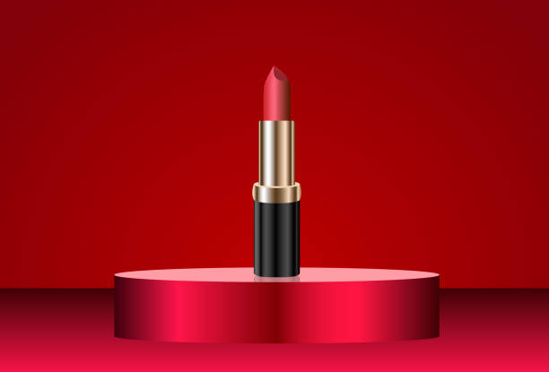 istock Attractive red lipstick product on round premium podium. Isolated on red background. Makeup container mockup. 1618050480