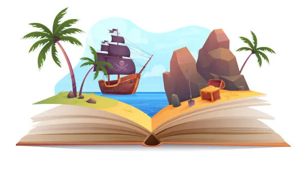 Vector illustration of Open book with fun story about adventure of pirate ship, fairytale world on paper pages