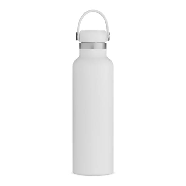 Thermo bottle. Metal water thermo flask mockup Thermo bottle. Metal water thermo flask mockup. Stainless steel travel thermos for hot tea. Realistic thermal container template design. Realistic reusable outdoor camping vacuum can h2o model stock illustrations
