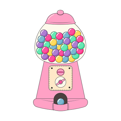 Chewing gum machine. Old fashioned gumball machine. Cartoon candy or bubble gum dispenser.