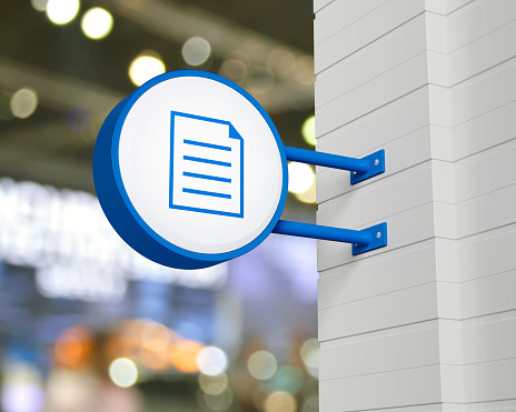 Document icon on hanging blue rounded signboard over blur light and shadow of shopping mall, Technology internet online concept, 3D rendering