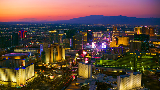 Las Vegas, USA - December 18, 2018 Aerial view of Las Vegas strip at night in Nevada. The famous Las Vegas Strip with the Bellagio Fountain. The Strip is home to the largest hotels and casinos in the world.