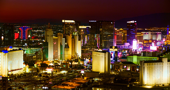 Las Vegas strip cityscape in Nevada sunset USA