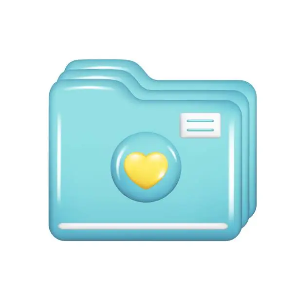 Vector illustration of Realistic 3d blue closed folder with yellow heart. Decorative 3d management, file element, web symbol, paper icon, archive sign. Favorite folder icon. Vector illustration isolated on white background