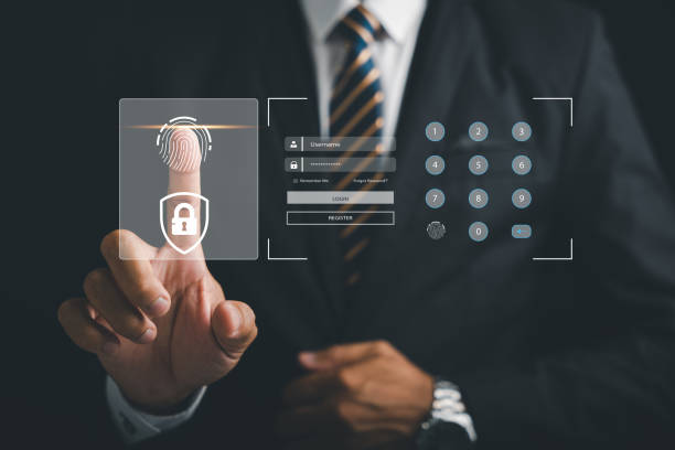 istock Human hand pointing at a futuristic biometric identification fingerprint scanner 1618103287