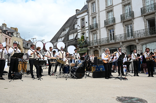 Vannes, France, august 15, 2023 : Musicians of Elven bagad at the Arvor Festival