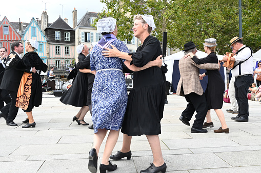 Vannes, France, august 15, 2023 : Dancers from the Celtic Circle of Guéhenno at the Arvor Festival