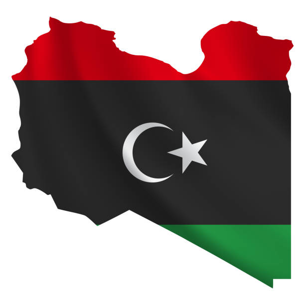 白い背景に国旗を振るリビアの地図 - libya flag libyan flag three dimensional shape点のイラスト素材／クリップアート素材／マンガ素材／アイコン素材