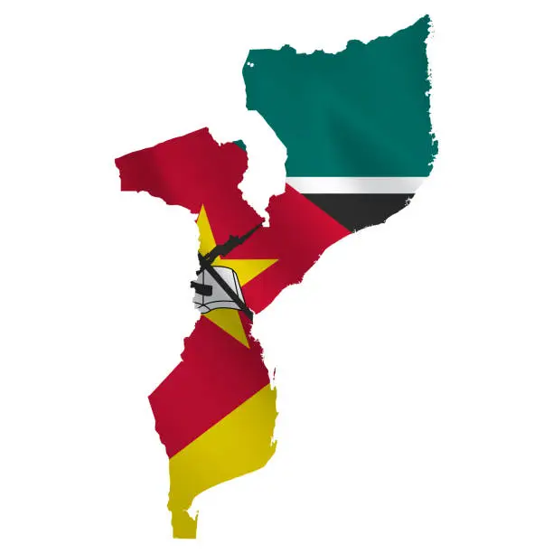 Vector illustration of Mozambique map with waving flag isolated on white background