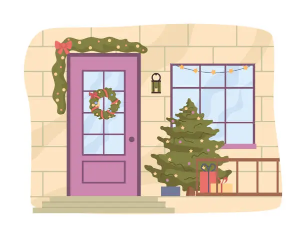 Vector illustration of Christmas tree and decorated house door, outdoors. Flat cartoon fur-tree with gifts wrapped in holiday boxes, vector illustration. Entrance to house and window at noel
