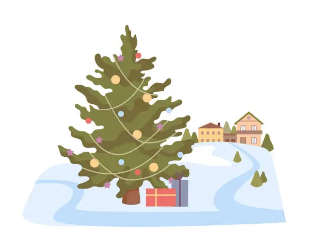 Vector illustration of Decorated Christmas tree with gift boxes on snow, village wintertime landscape on background, flat cartoon vector illustration. Xmas eve, New year holidays celebration