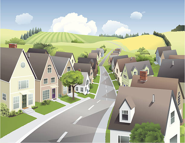 Town and Country A village or suburb sits at the edge of fields and trees in the country. File has multiple layers.  small town main street stock illustrations